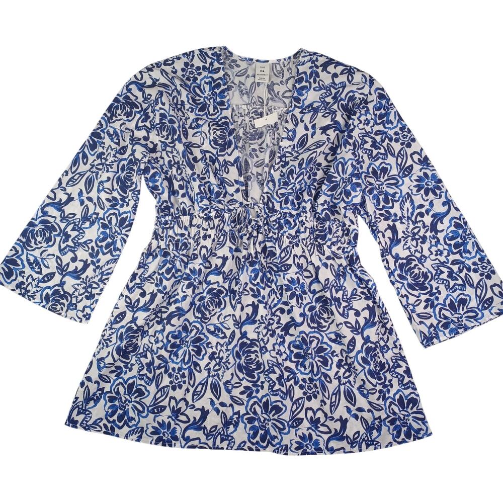 Free Assembly Women Floral Dress Cover Up XL Blue White Cotton Beach Resort - Picture 3 of 8